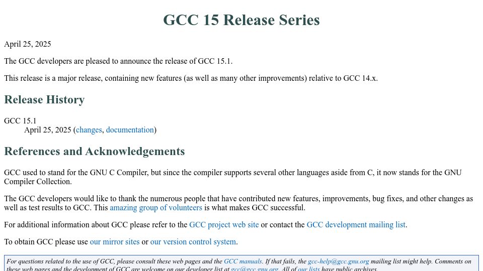 Screenshot of gcc.gnu.org: GCC 15.1