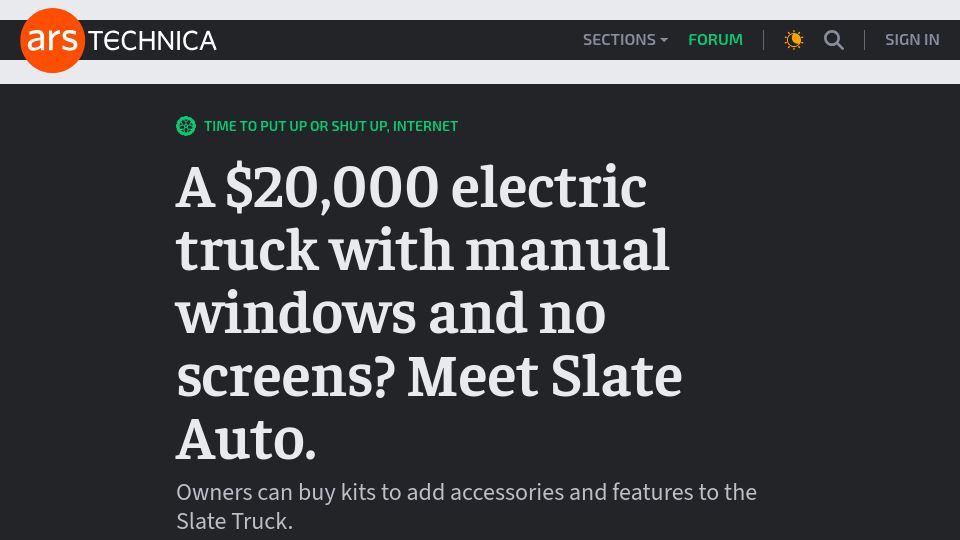 Screenshot of arstechnica.com: A $20k electric truck with manual windows and no screens? Meet Slate Auto
