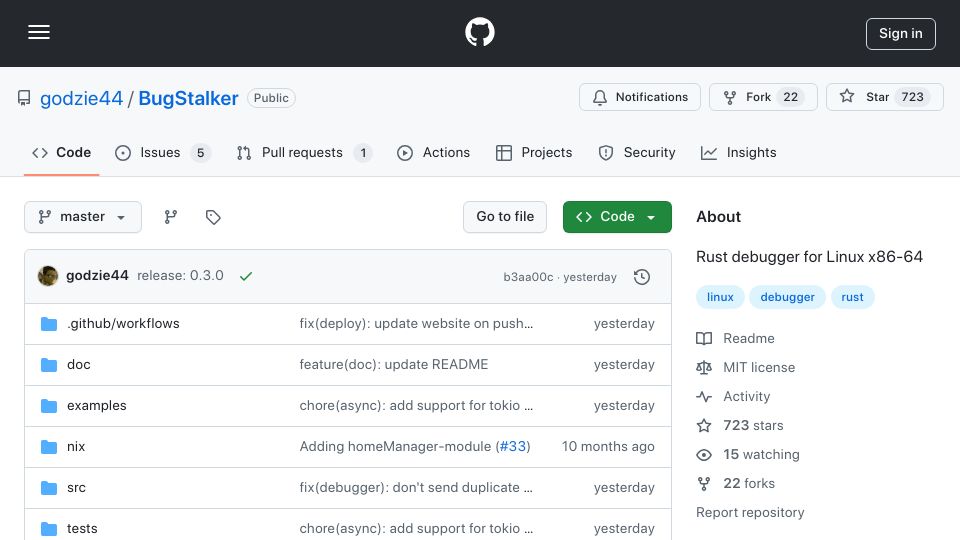 Screenshot of github.com: Show HN: BugStalker - a modern Rust debugger