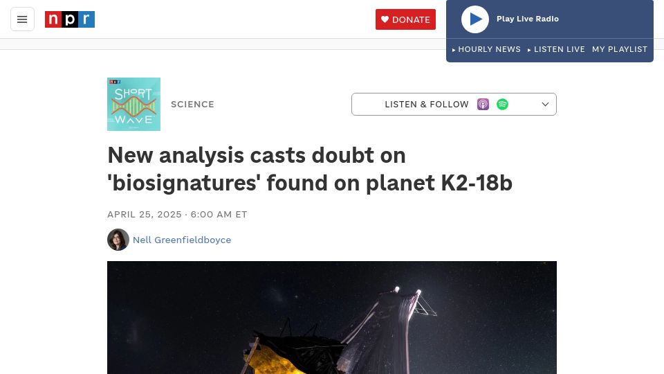 Screenshot of npr.org: New analysis casts doubt on 'biosignatures' found on planet K2-18B