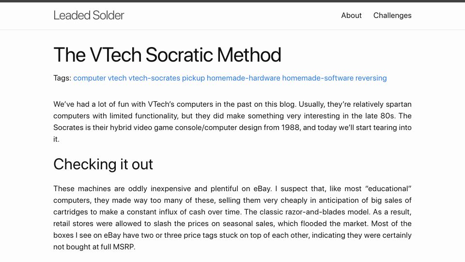 Screenshot of leadedsolder.com: The VTech Socratic Method