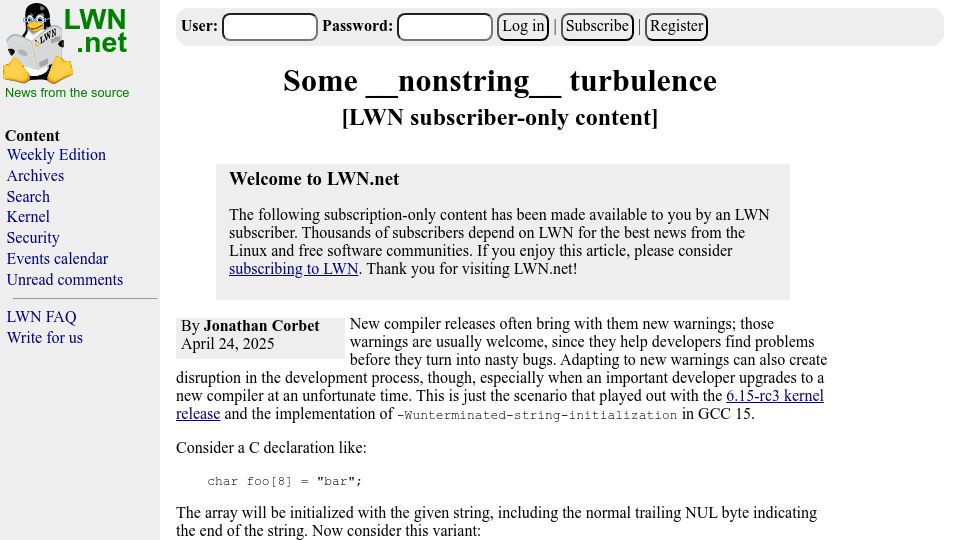 Screenshot of lwn.net: Some __nonstring__ Turbulence