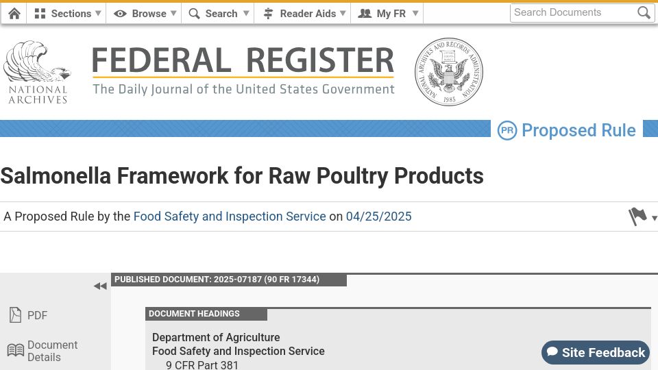 Screenshot of federalregister.gov: USDA Withdraws Proposed Salmonella Framework for Raw Poultry Products