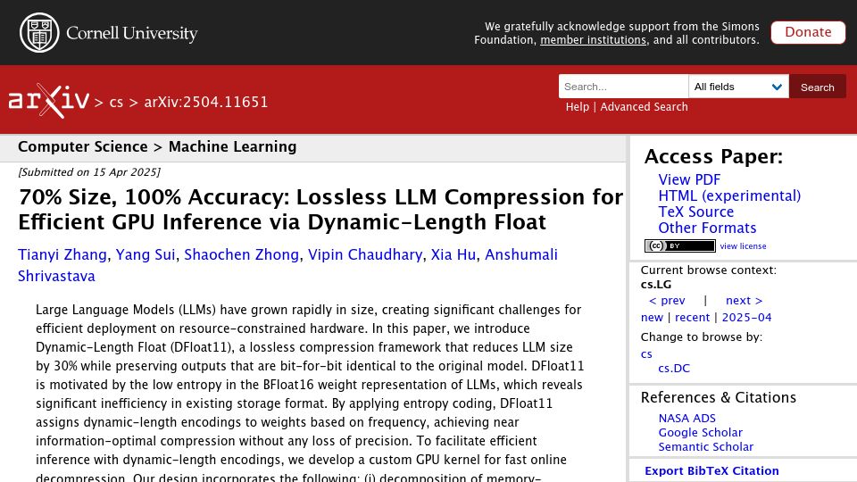 Screenshot of arxiv.org: Lossless LLM compression for efficient GPU inference via dynamic-length float