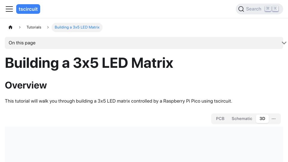 Screenshot of docs.tscircuit.com: I designed my LED matrix PCB with code