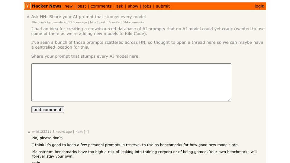 Screenshot of Hacker News post: Ask HN: Share your AI prompt that stumps every model