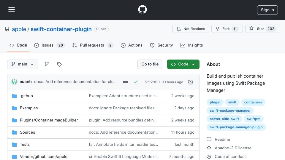 Screenshot of github.com: Swift Container Plugin