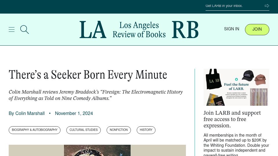 Screenshot of lareviewofbooks.org: There's a Seeker Born Every Minute (2024)