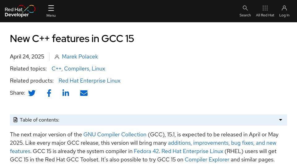 Screenshot of developers.redhat.com: New C++ features in GCC 15
