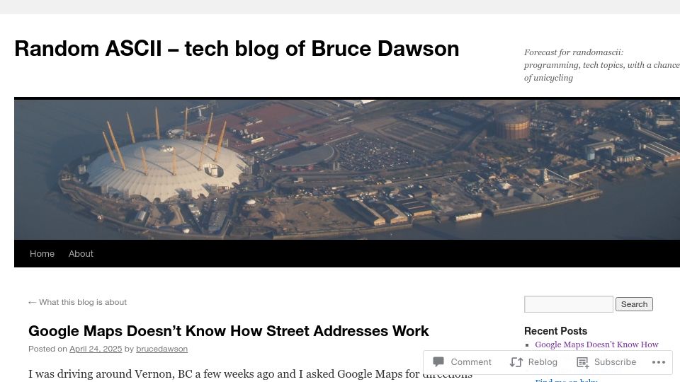 Screenshot of randomascii.wordpress.com: Street address errors in Google Maps