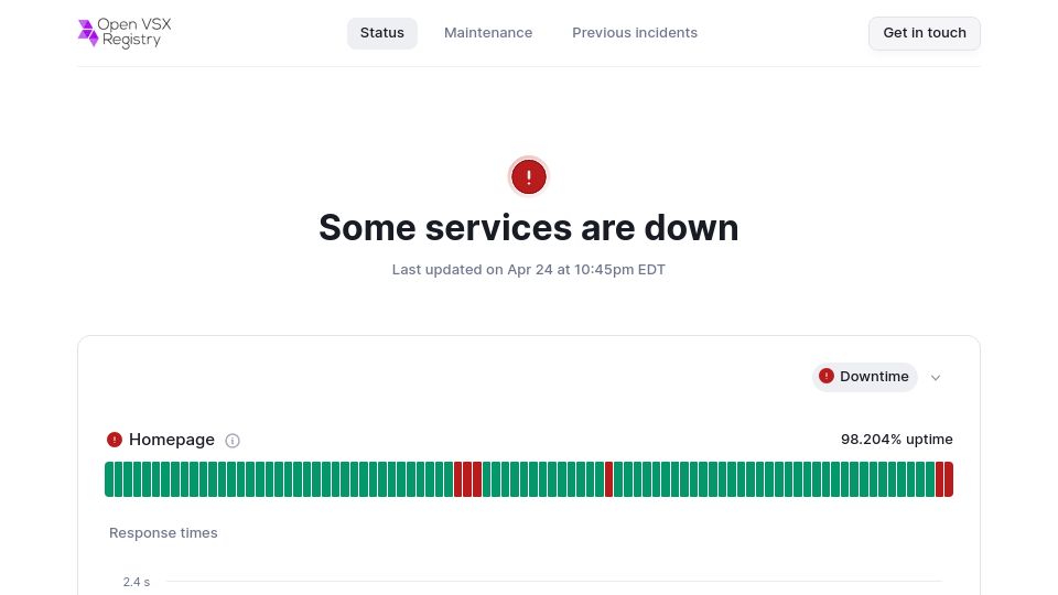 Screenshot of status.open-vsx.org: OpenVSX, which VSCode forks rely on for extensions, down for 24 hours