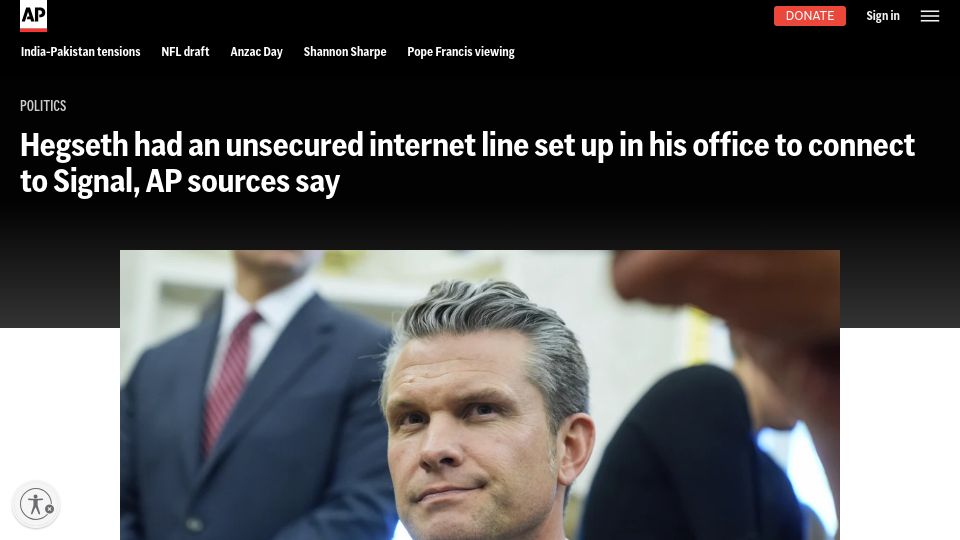 Screenshot of apnews.com: Hegseth had an unsecured internet line set up in his office to connect to Signal