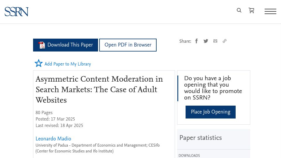 Screenshot of papers.ssrn.com: Asymmetric Content Moderation in Search Markets: The Case of Adult Websites
