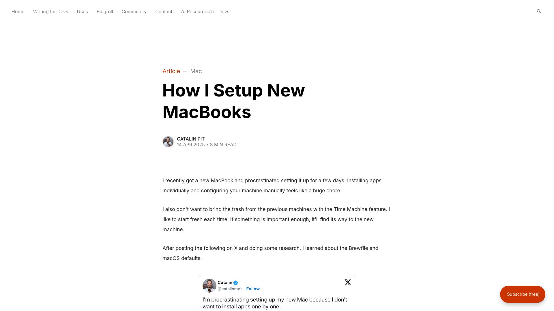 Screenshot of catalins.tech: Easily setup new MacBooks
