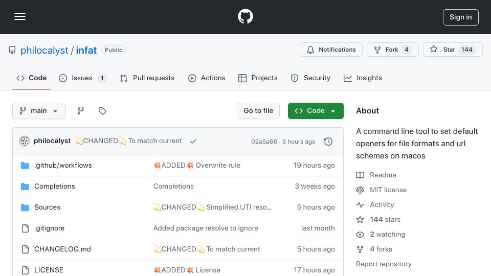 Screenshot of github.com: Show HN: Infat – Declaritive application assocation manager for macOS