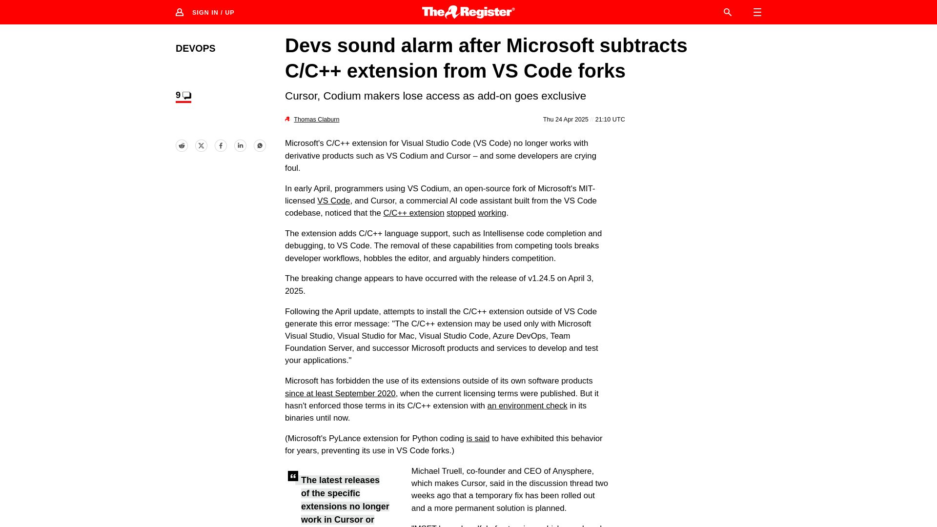 Screenshot of theregister.com: Microsoft subtracts C/C++ extension from VS Code forks