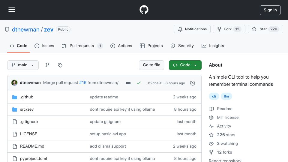 Screenshot of github.com: Show HN: Zev – Remember (or discover) terminal commands