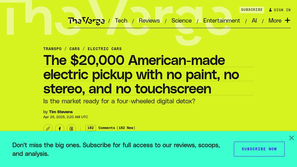 Screenshot of theverge.com: A $20k American-made electric pickup with no paint, no stereo, no screen