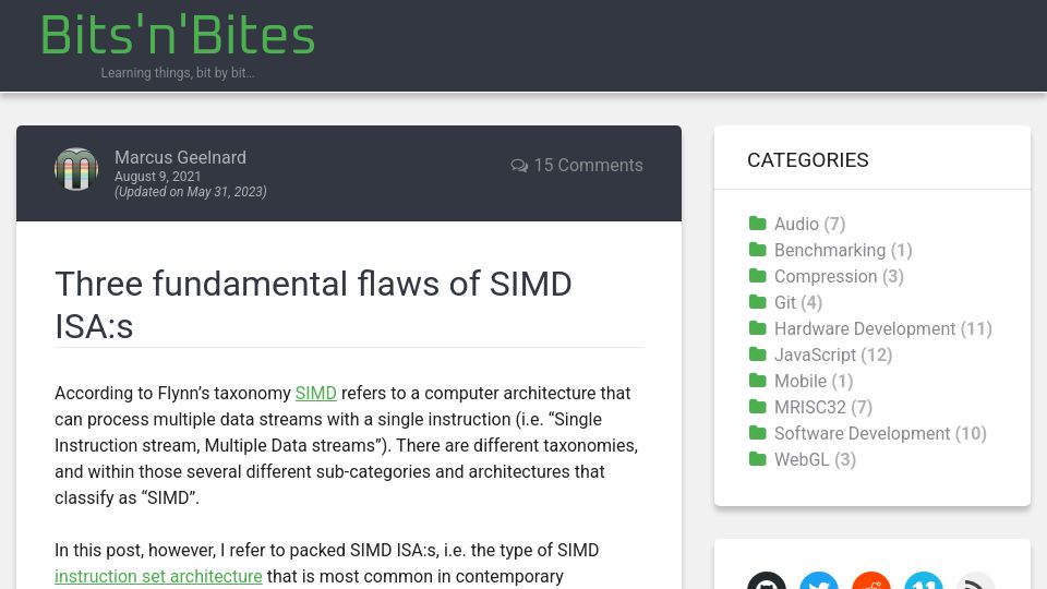 Screenshot of bitsnbites.eu: Fundamental flaws of SIMD ISAs (2021)
