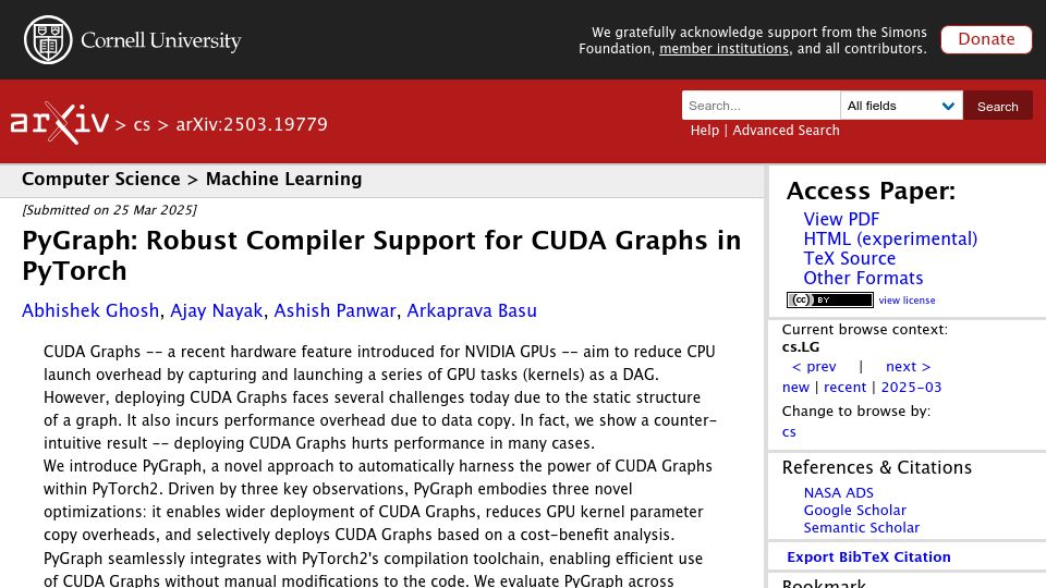 Screenshot of arxiv.org: PyGraph: Robust Compiler Support for CUDA Graphs in PyTorch