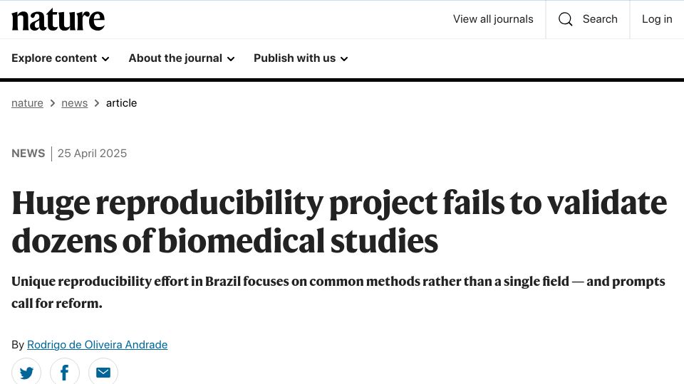 Screenshot of nature.com: Reproducibility project fails to validate dozens of biomedical studies