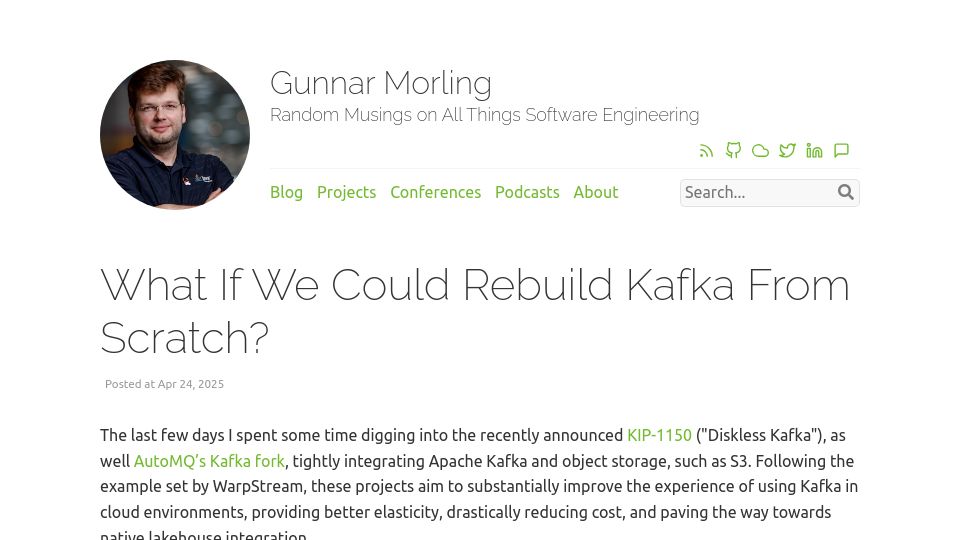 Screenshot of morling.dev: What If We Could Rebuild Kafka from Scratch?