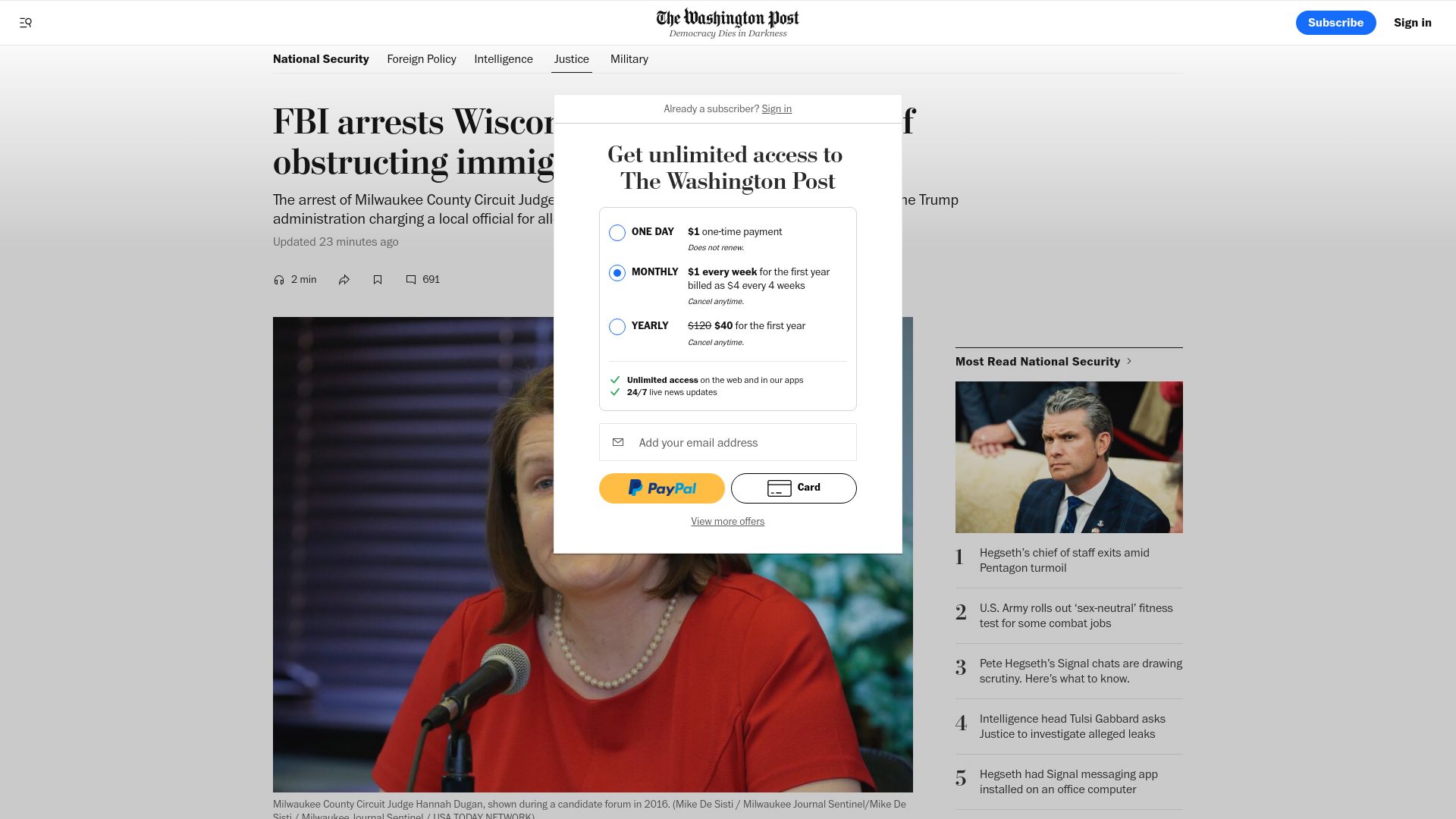 Screenshot of apnews.com: FBI arrests judge accused of helping man evade immigration authorities