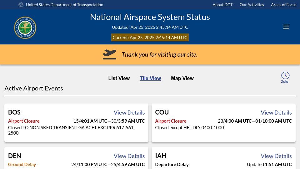 Screenshot of nasstatus.faa.gov: National Airspace System Status