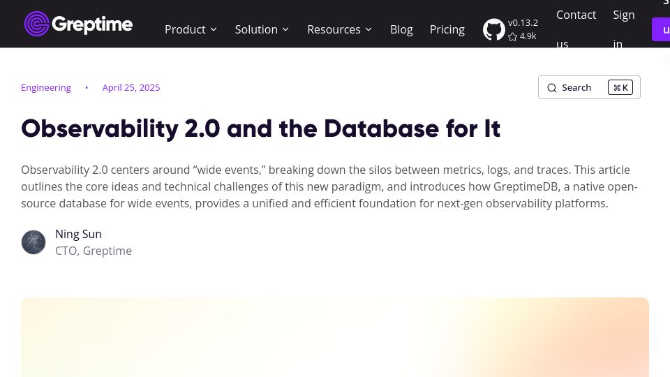 Screenshot of greptime.com: Observability 2.0 and the Database for It