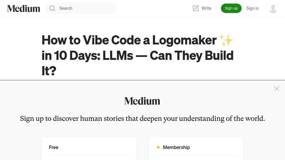 Screenshot of medium.com: How to Vibe Code a Logomaker in 10 Days