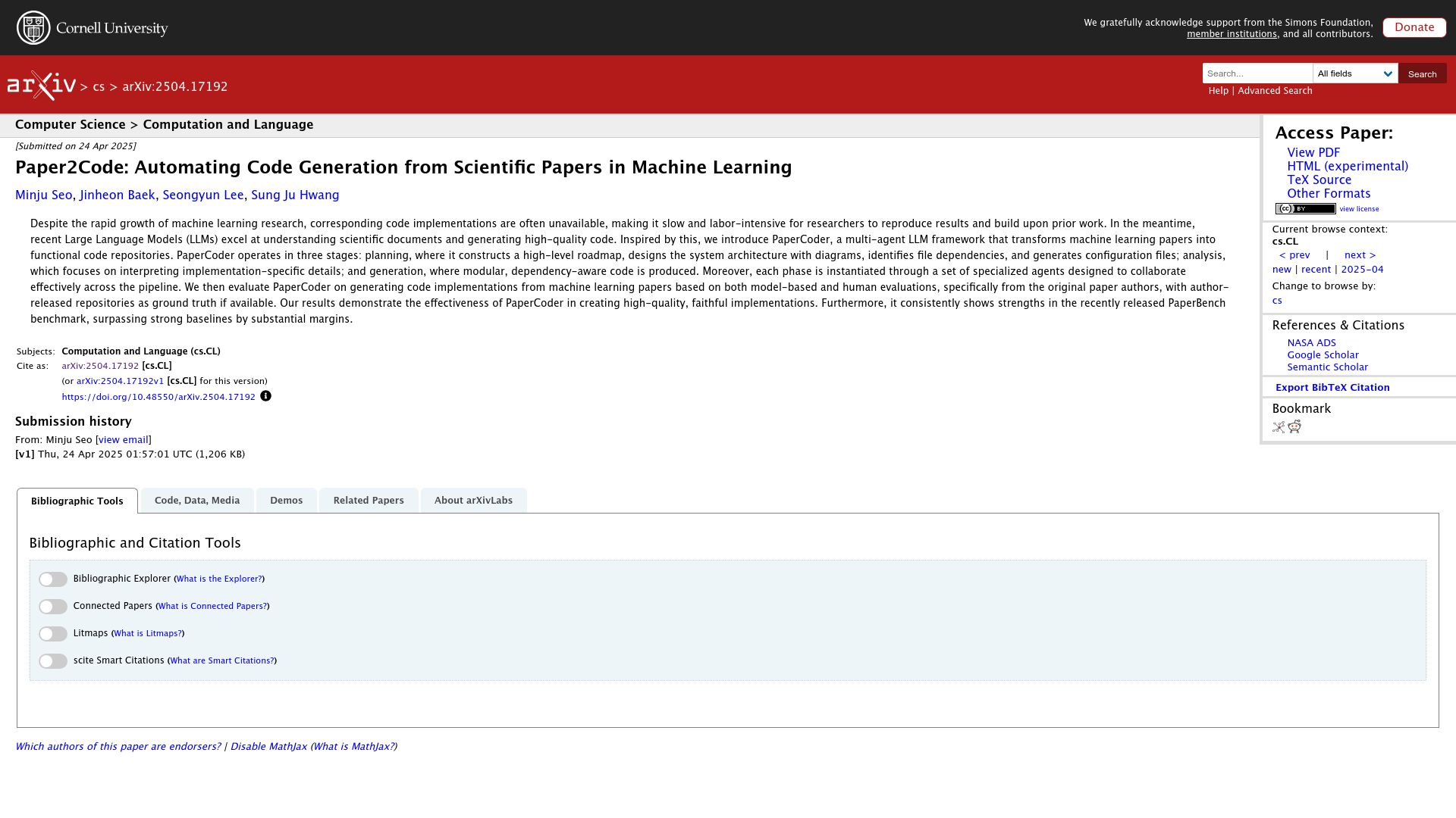 Screenshot of arxiv.org: Paper2Code: Automating Code Generation from Scientific Papers