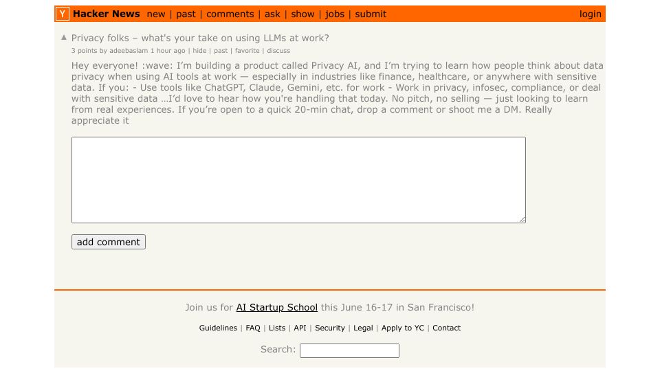 Screenshot of Hacker News post: Privacy folks – what's your take on using LLMs at work?