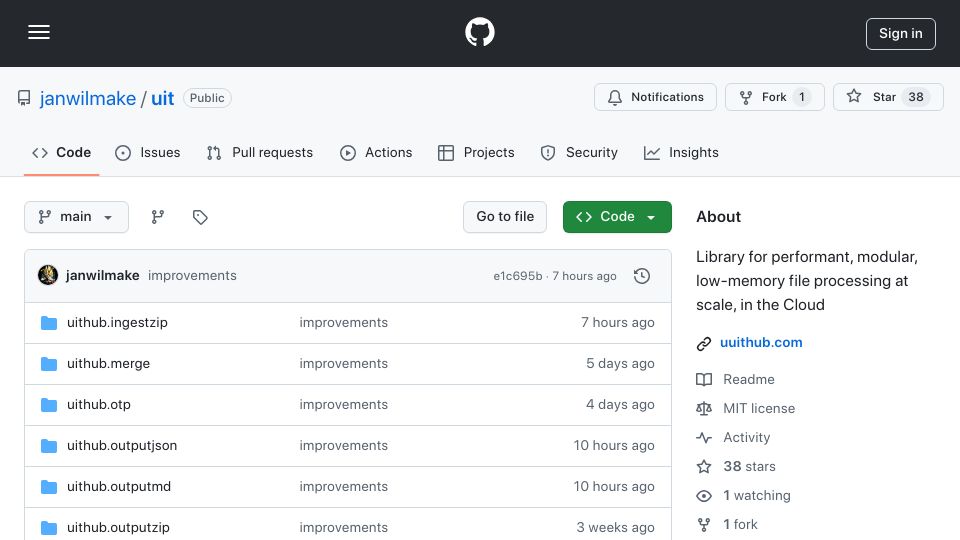 Screenshot of github.com: UIT – performant, modular, low-memory file processing at scale, in the Cloud