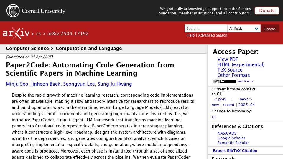 Screenshot of arxiv.org: Paper2Code: Automating Code Generation from Scientific Papers