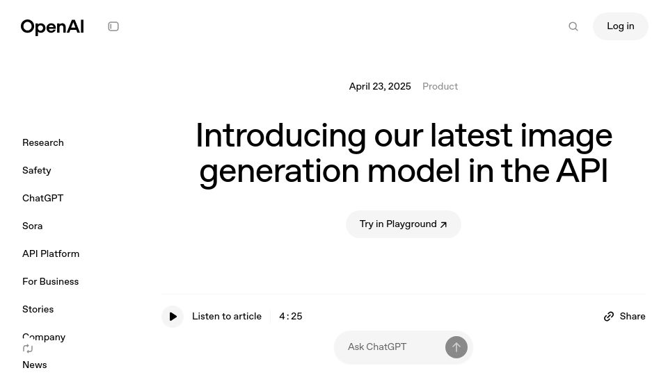 Screenshot of openai.com: OpenAI releases image generation in the API