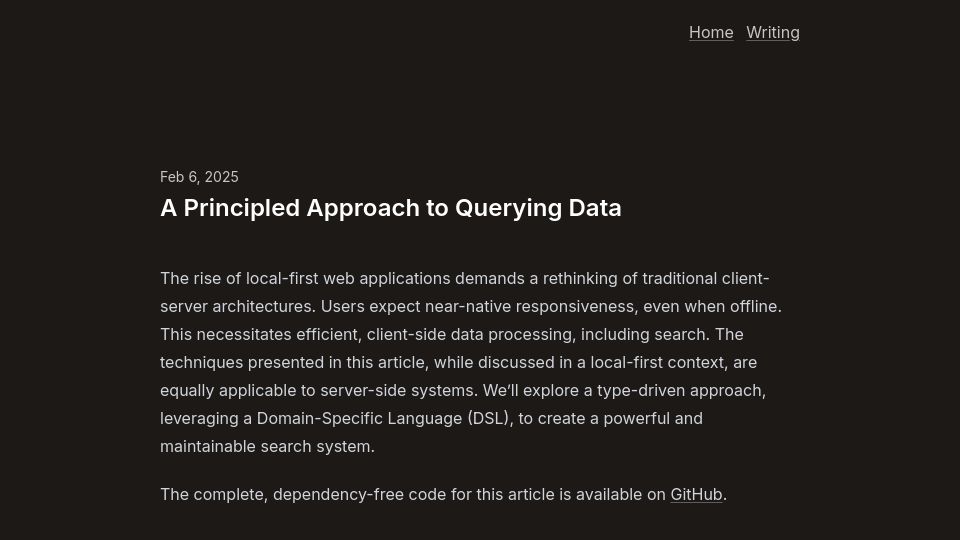 Screenshot of claudiu-ivan.com: A Principled Approach to Querying Data – A Type-Safe Search DSL