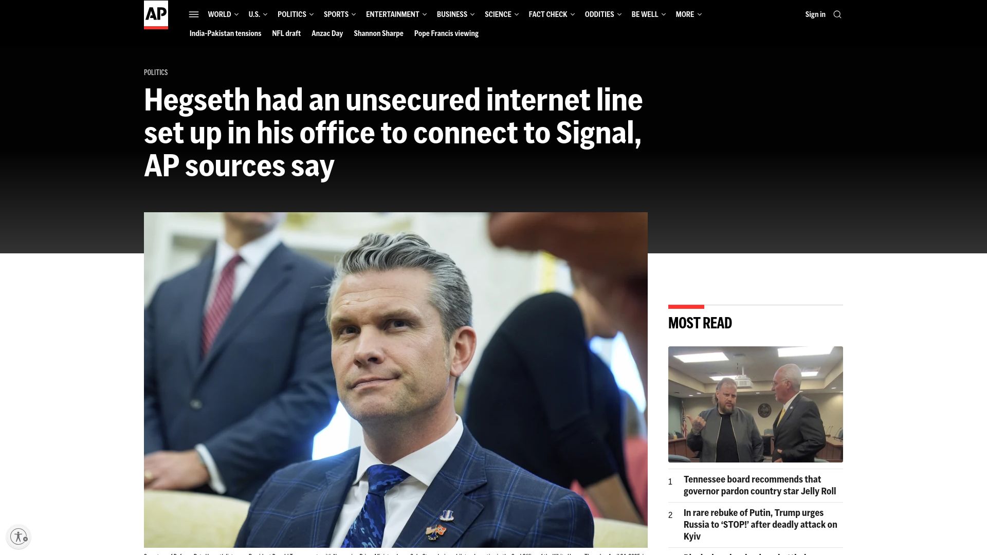 Screenshot of apnews.com: Hegseth had an unsecured internet line set up in his office to connect to Signal