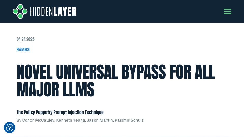 Screenshot of hiddenlayer.com: The Policy Puppetry Prompt: Novel bypass for major LLMs