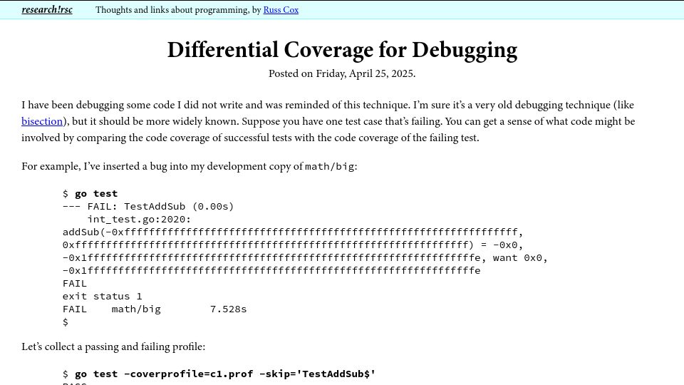 Screenshot of research.swtch.com: Differential Coverage for Debugging