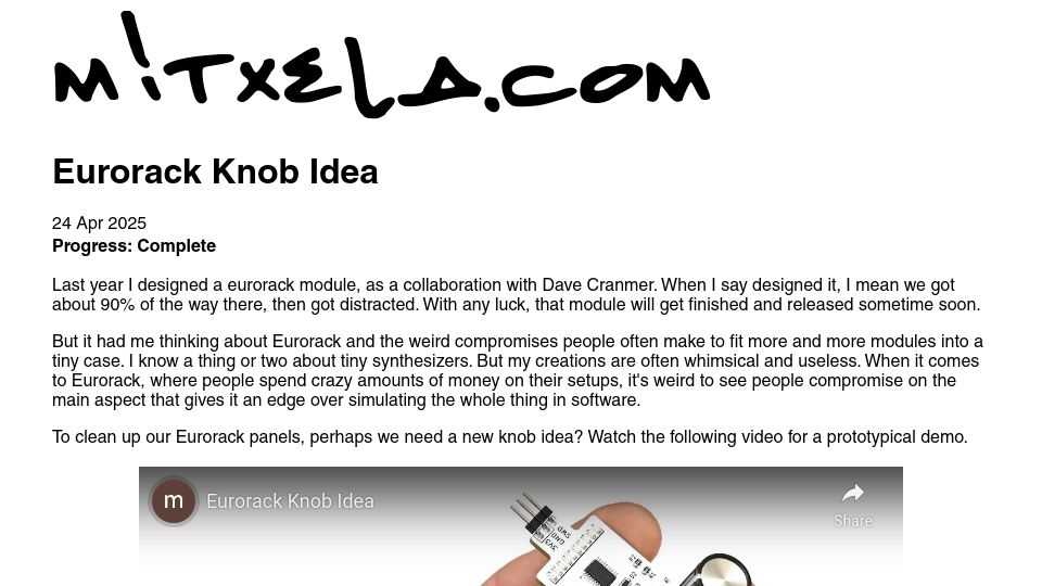 Screenshot of mitxela.com: Eurorack Knob Idea
