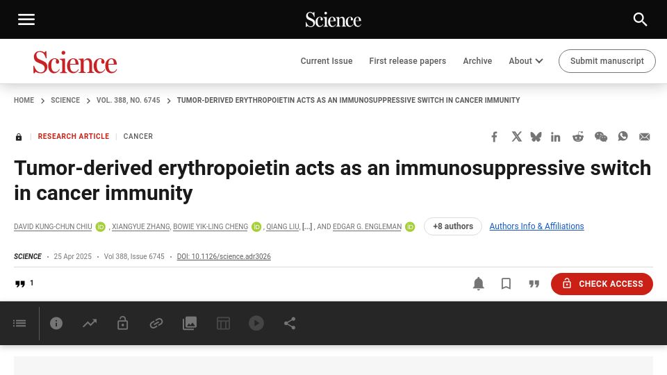 Screenshot of science.org: Tumor-derived erythropoietin acts as immunosuppressive switch in cancer immunity