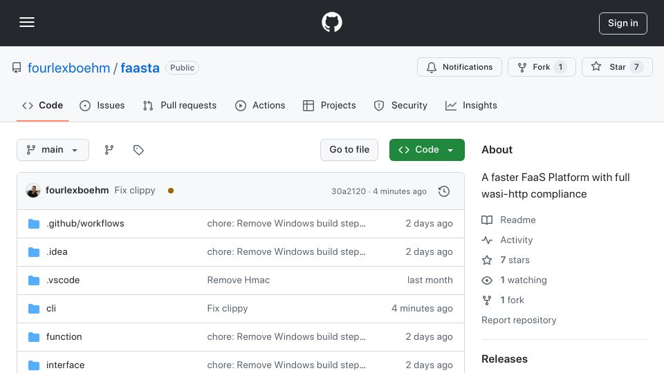 Screenshot of github.com: Show HN: Faasta – A self-hosted Serverless platform for WASM-wasi-HTTP in Rust