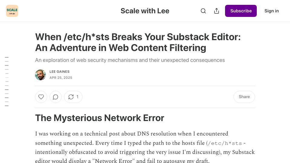 Screenshot of scalewithlee.substack.com: Writing "/etc/hosts" breaks the Substack editor