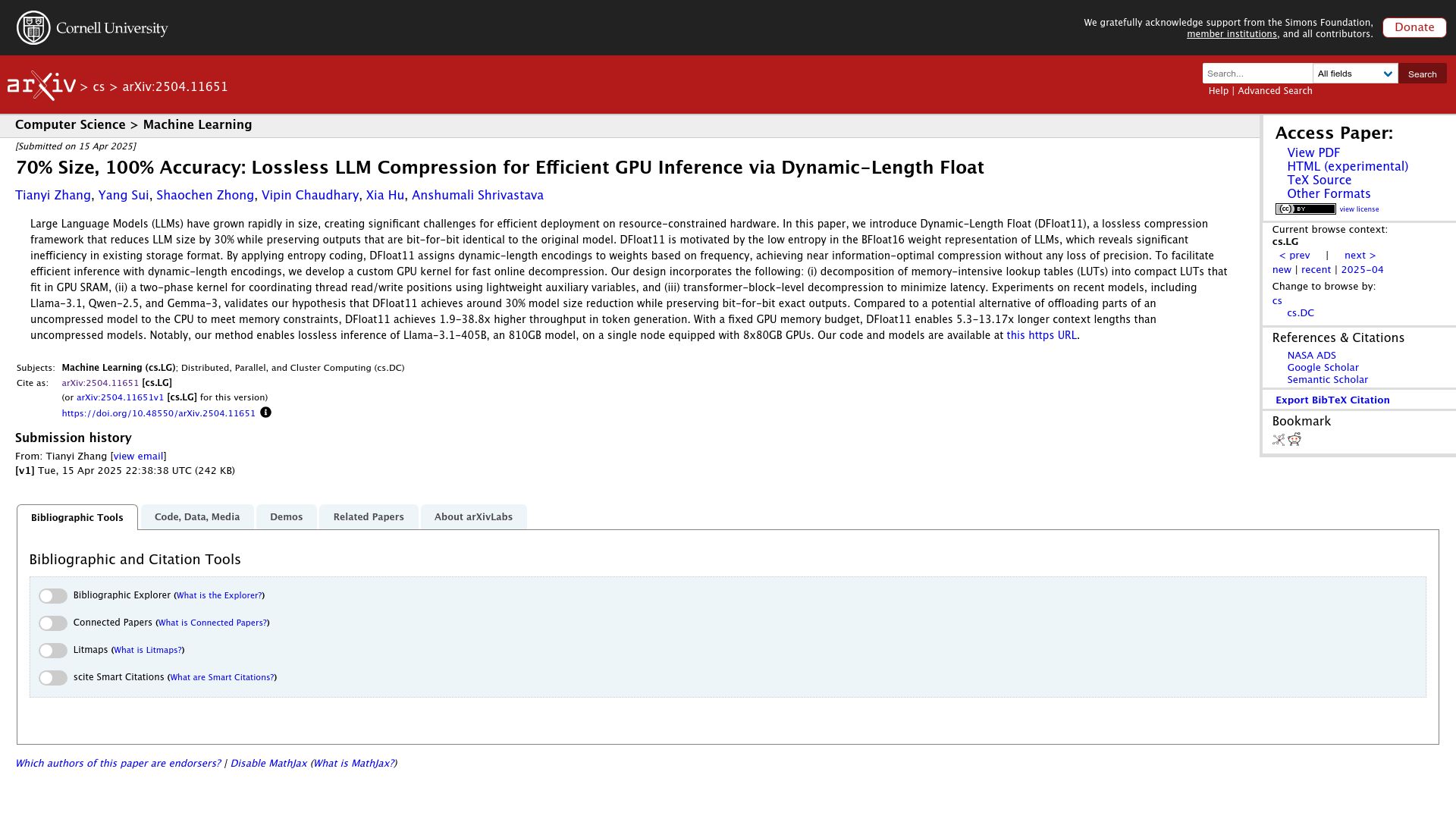 Screenshot of arxiv.org: Lossless LLM compression for efficient GPU inference via dynamic-length float
