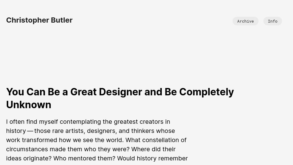 Screenshot of chrbutler.com: You Can Be a Great Designer and Be Completely Unknown