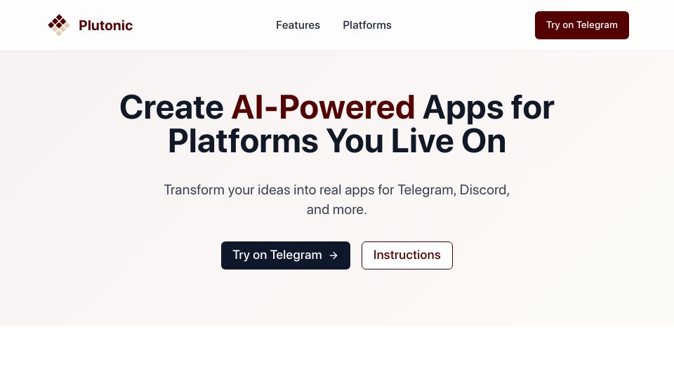 Screenshot of plutonic.dev: Show HN: I built Lovable for text bots and mini apps