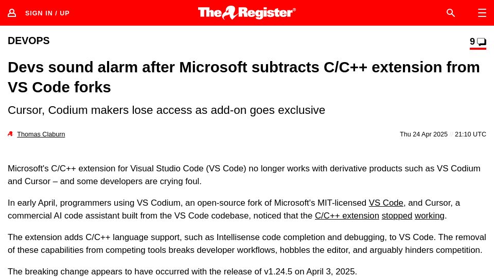 Screenshot of theregister.com: Microsoft subtracts C/C++ extension from VS Code forks