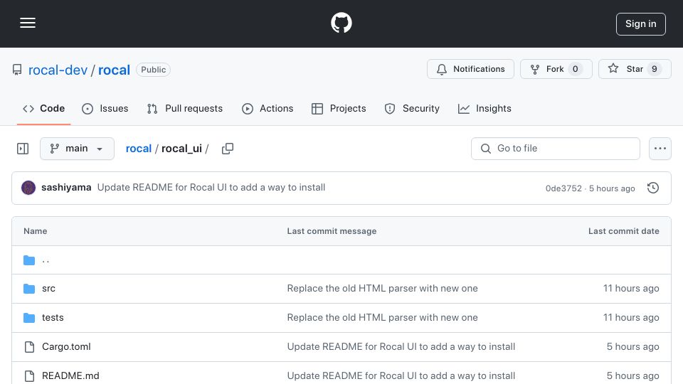 Screenshot of github.com: Show HN: Rocal UI – A simple template engine with Rust
