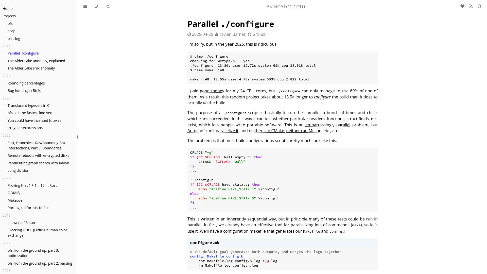 Screenshot of tavianator.com: Parallel ./configure