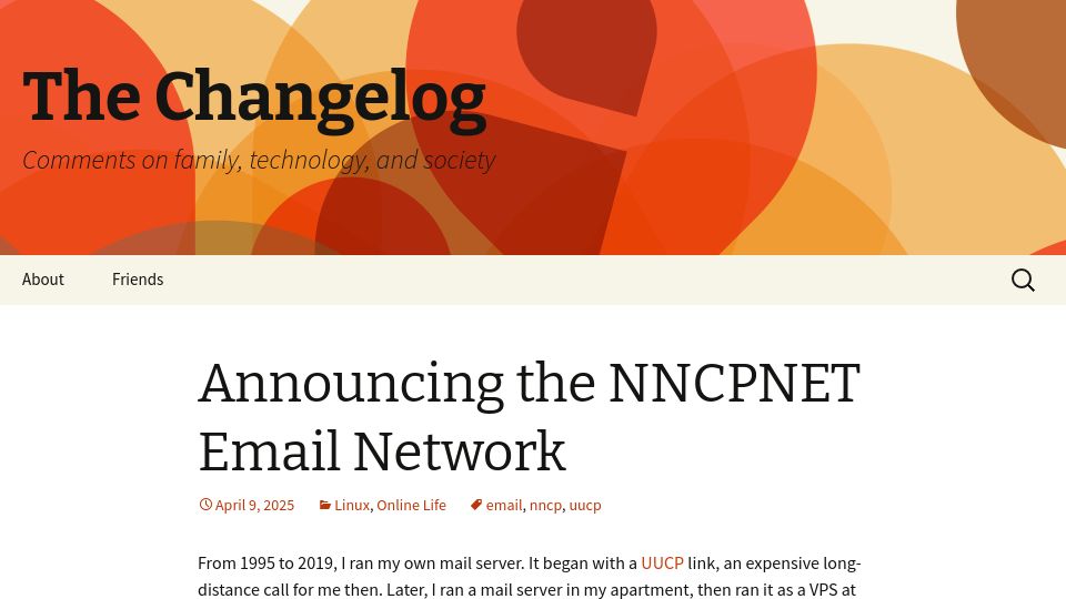 Screenshot of changelog.complete.org: The NNCPNET Email Network